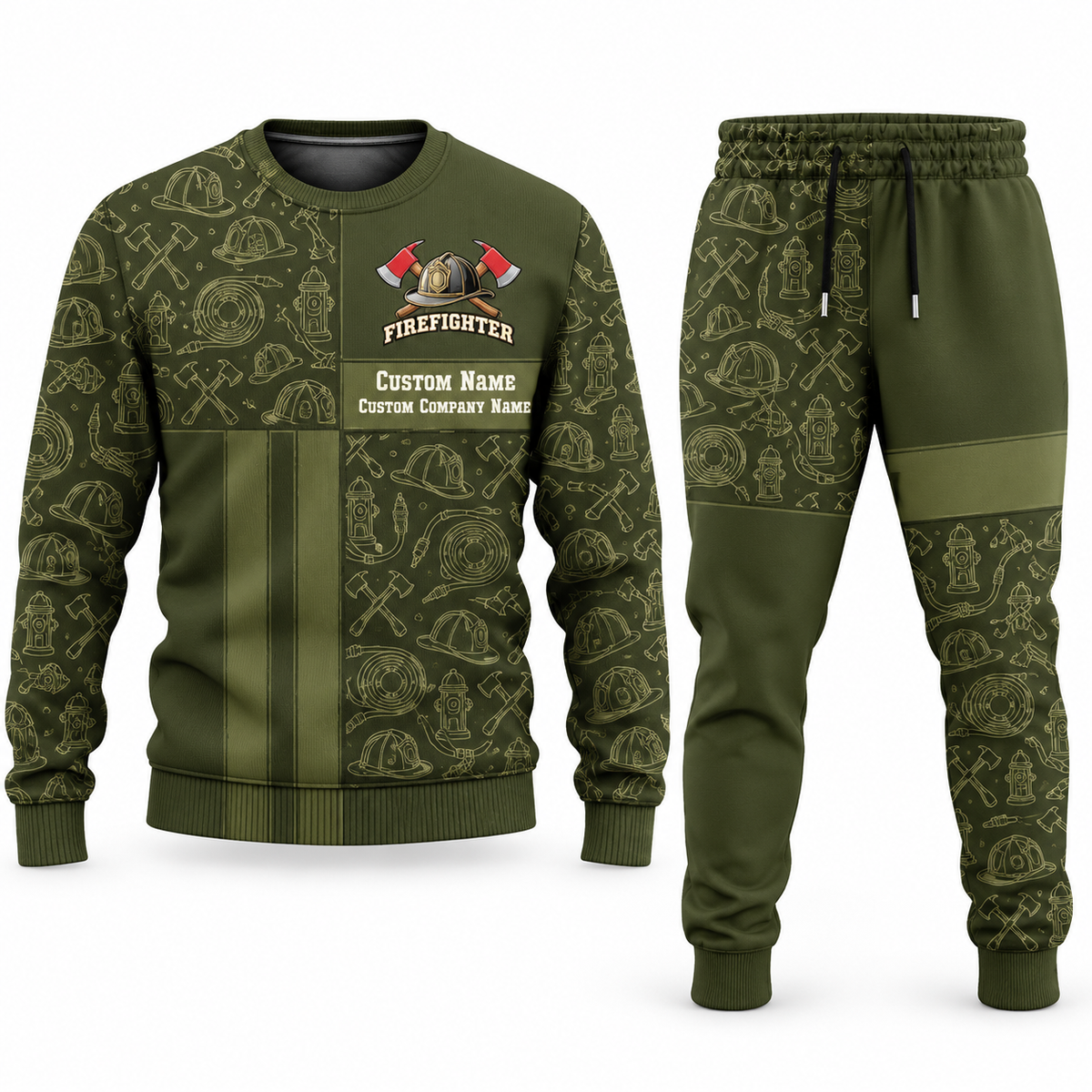 Firefighter Geometric Panel sweater and jogger combo, olive view with name and company artwork