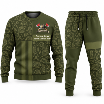 Firefighter Geometric Panel sweater and jogger combo, olive view with name and company artwork