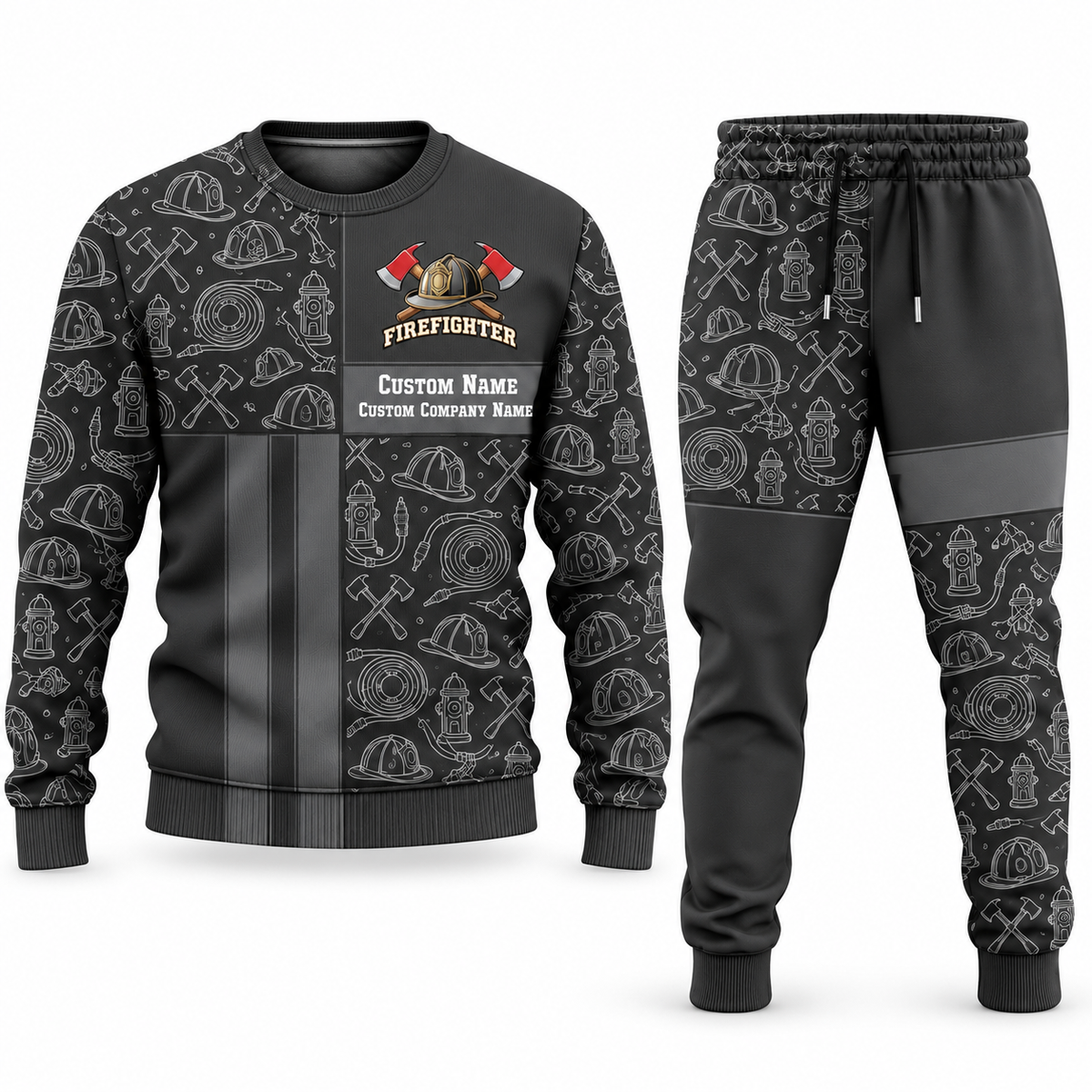 Firefighter Geometric Panel sweater and jogger combo, charcoal view with name and company artwork