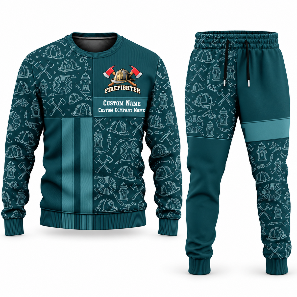 Firefighter Geometric Panel sweater and jogger combo, teal view with name and company artwork