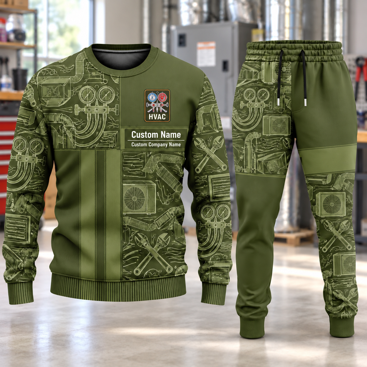 HVAC Geometric Panel sweater and jogger combo, hero view with name and company artwork