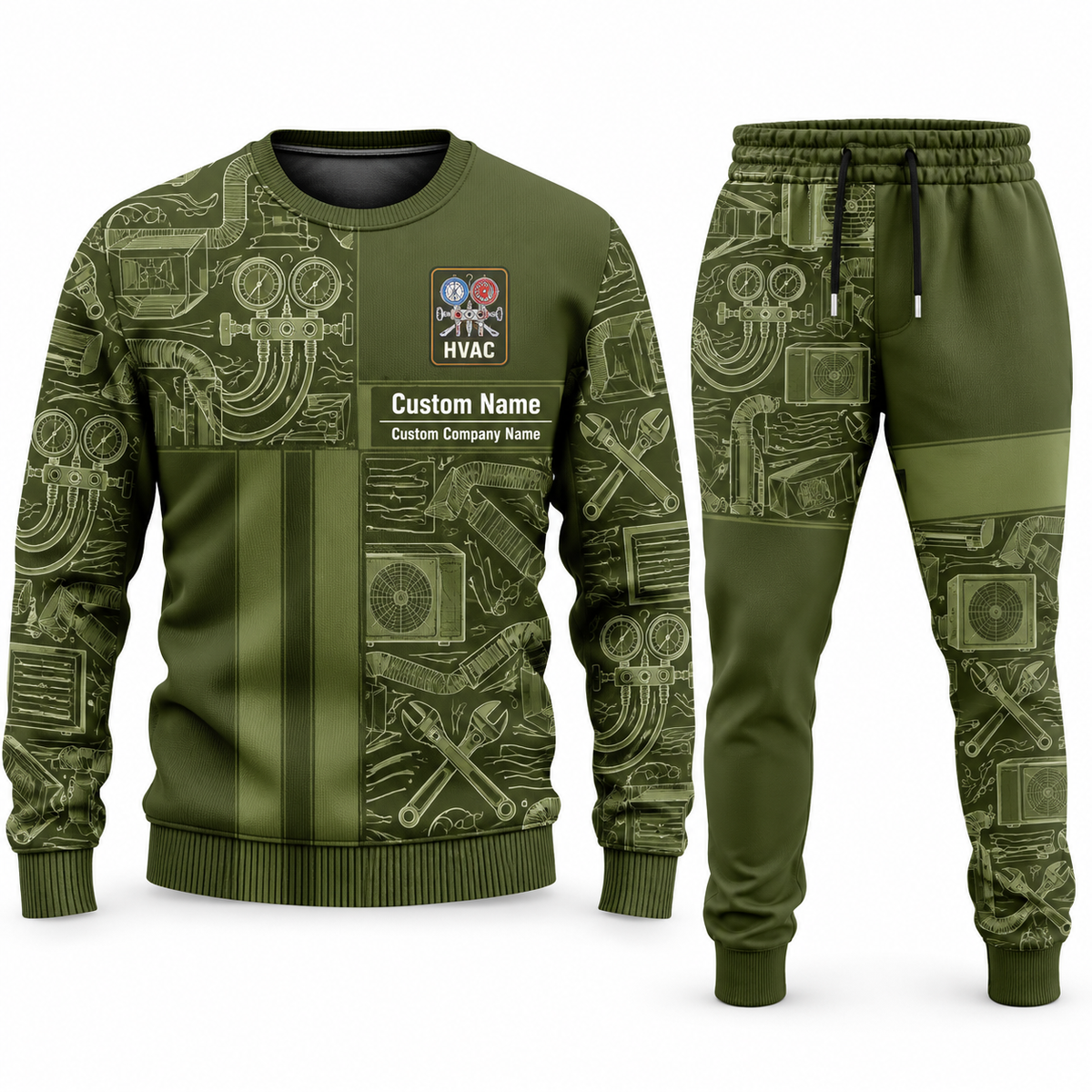 HVAC Geometric Panel sweater and jogger combo, olive view with name and company artwork