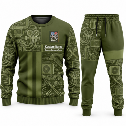 HVAC Geometric Panel sweater and jogger combo, olive view with name and company artwork