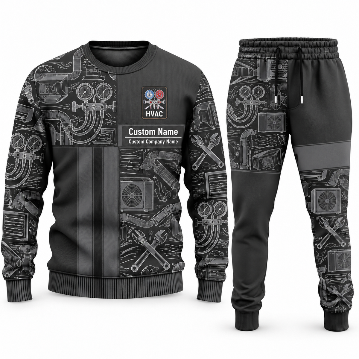 HVAC Geometric Panel sweater and jogger combo, charcoal view with name and company artwork