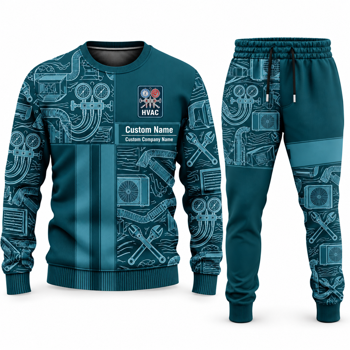 HVAC Geometric Panel sweater and jogger combo, teal view with name and company artwork