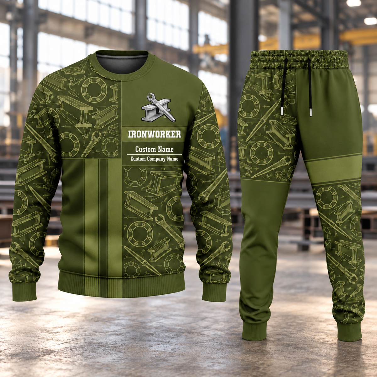 Ironworker Geometric Panel sweater and jogger combo, hero view with name and company artwork