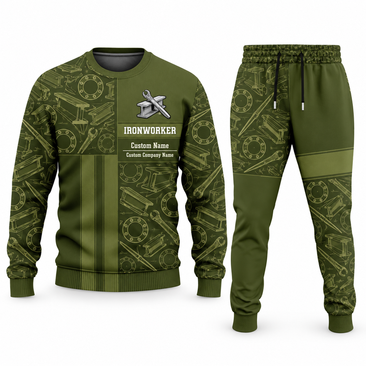 Ironworker Geometric Panel sweater and jogger combo, olive view with name and company artwork