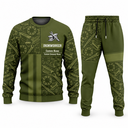 Ironworker Geometric Panel sweater and jogger combo, olive view with name and company artwork