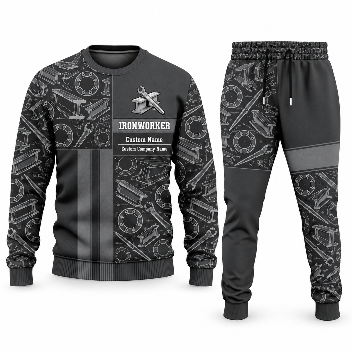 Ironworker Geometric Panel sweater and jogger combo, charcoal view with name and company artwork