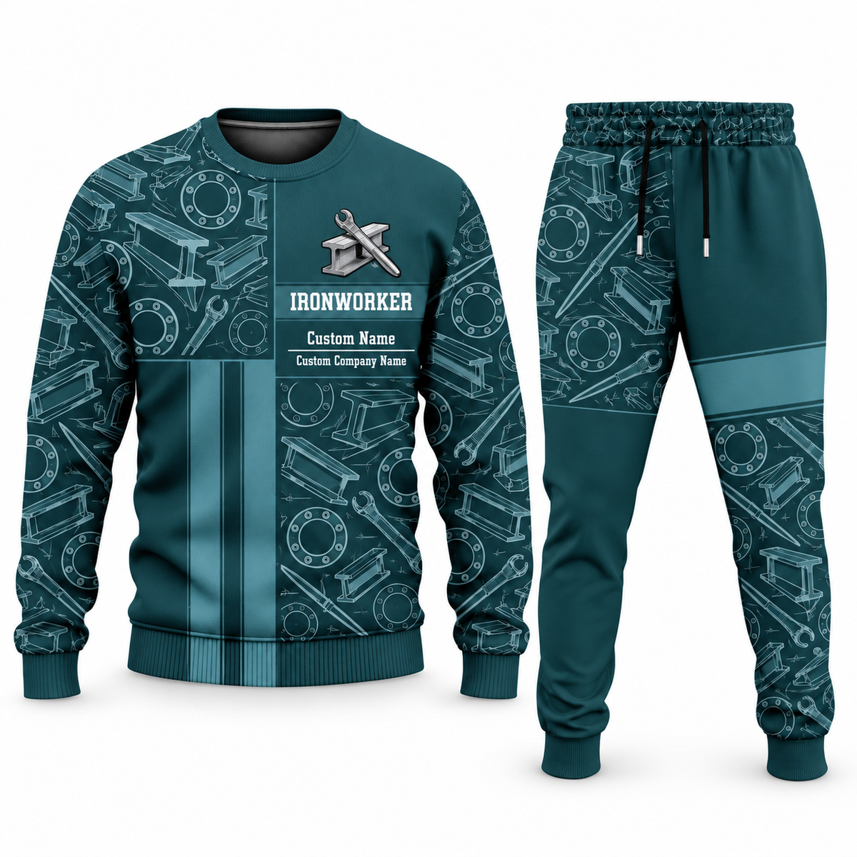 Ironworker Geometric Panel sweater and jogger combo, teal view with name and company artwork