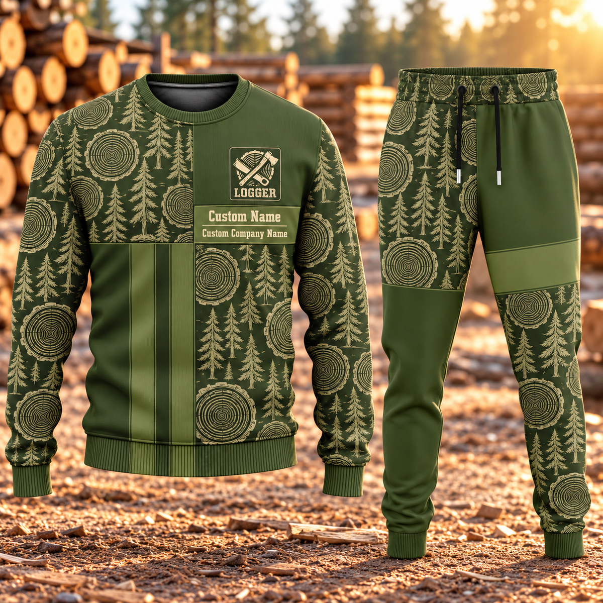 Logger Geometric Panel sweater and jogger combo, hero view with name and company artwork