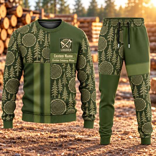 Logger Geometric Panel sweater and jogger combo, hero view with name and company artwork