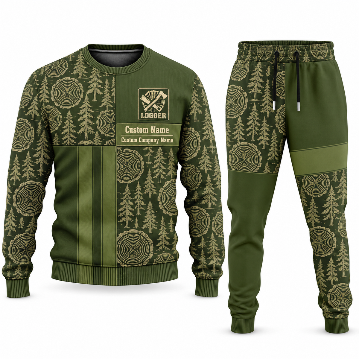 Logger Geometric Panel sweater and jogger combo, olive view with name and company artwork