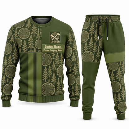 Logger Geometric Panel sweater and jogger combo, olive view with name and company artwork