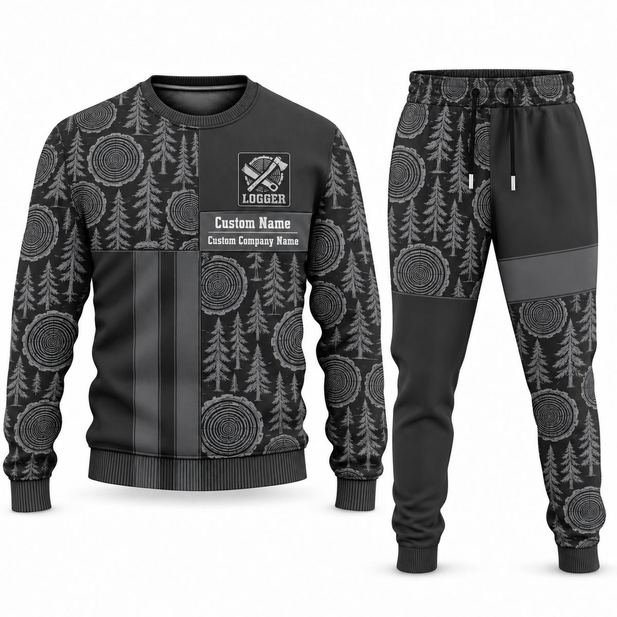 Logger Geometric Panel sweater and jogger combo, charcoal view with name and company artwork