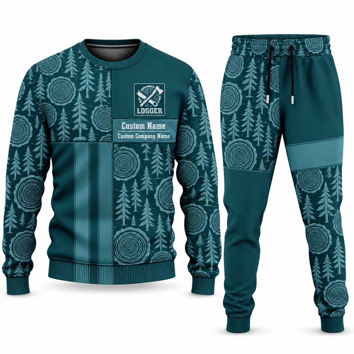 Logger Geometric Panel sweater and jogger combo, teal view with name and company artwork