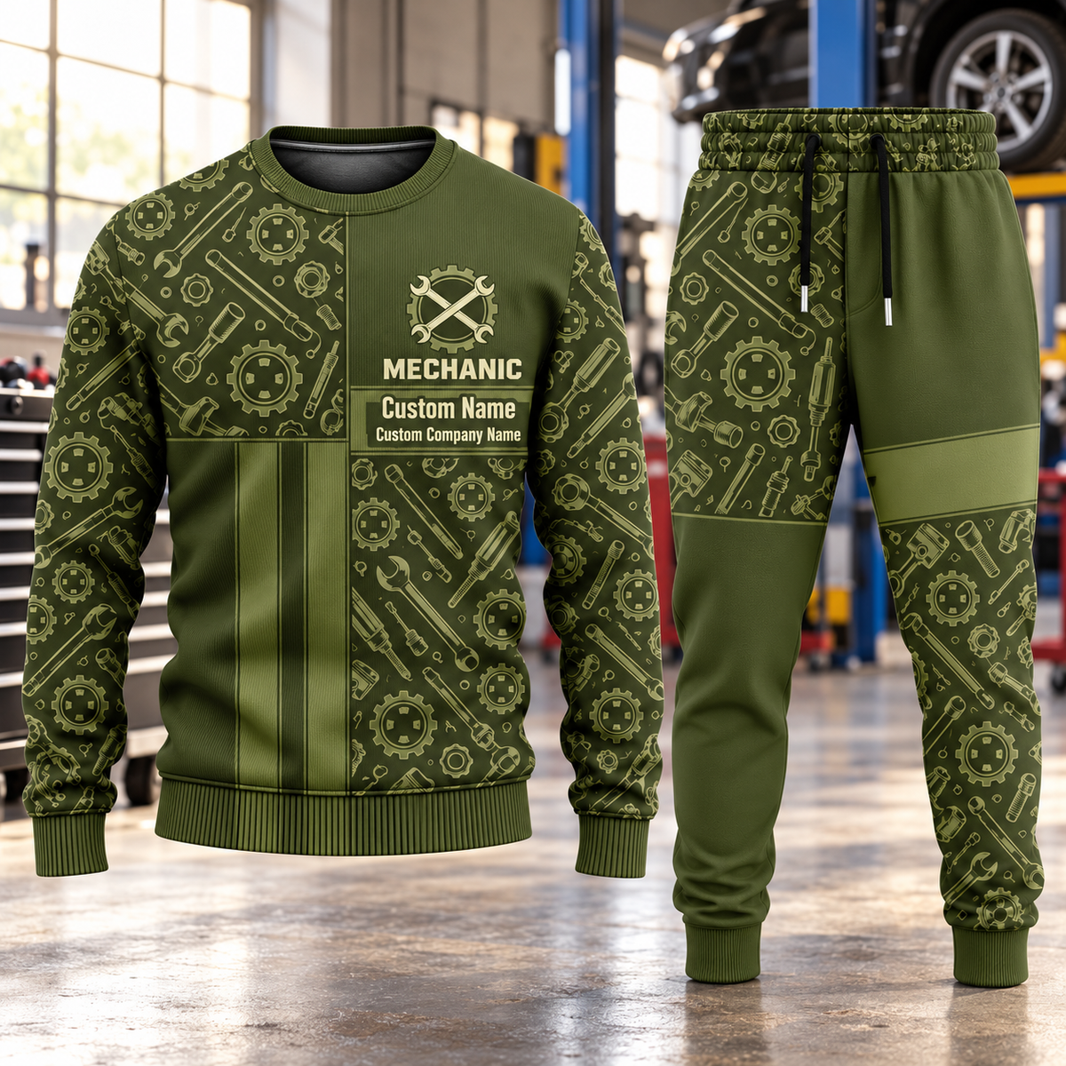 Mechanic Geometric Panel sweater and jogger combo, hero view with name and company artwork