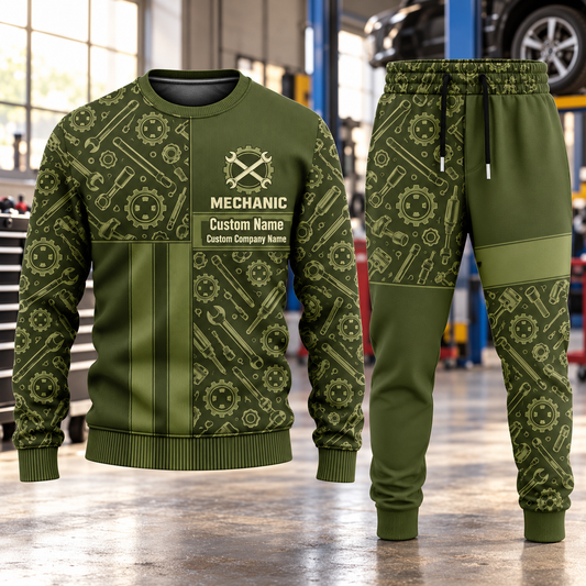 Mechanic Geometric Panel sweater and jogger combo, hero view with name and company artwork