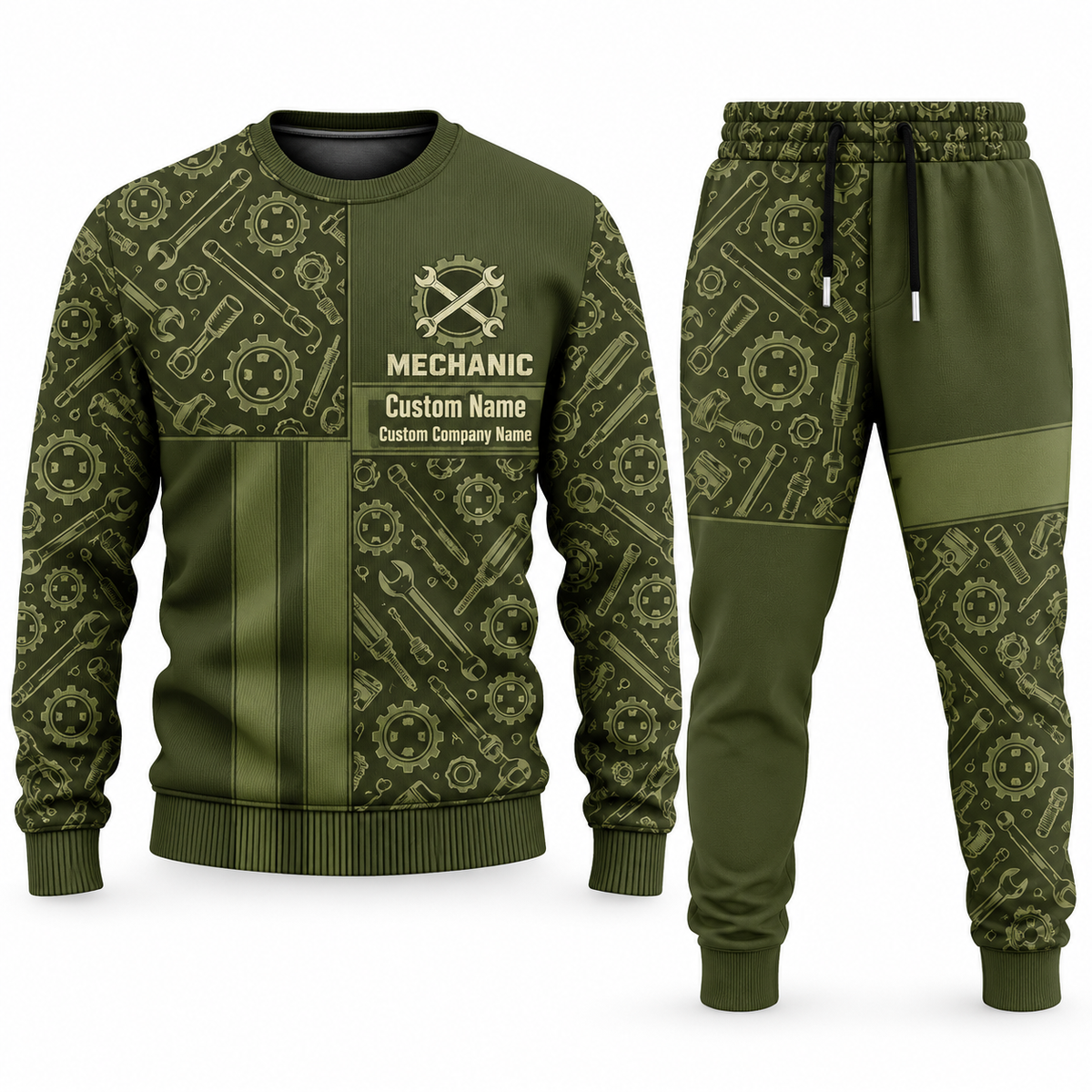 Mechanic Geometric Panel sweater and jogger combo, olive view with name and company artwork