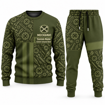 Mechanic Geometric Panel sweater and jogger combo, olive view with name and company artwork
