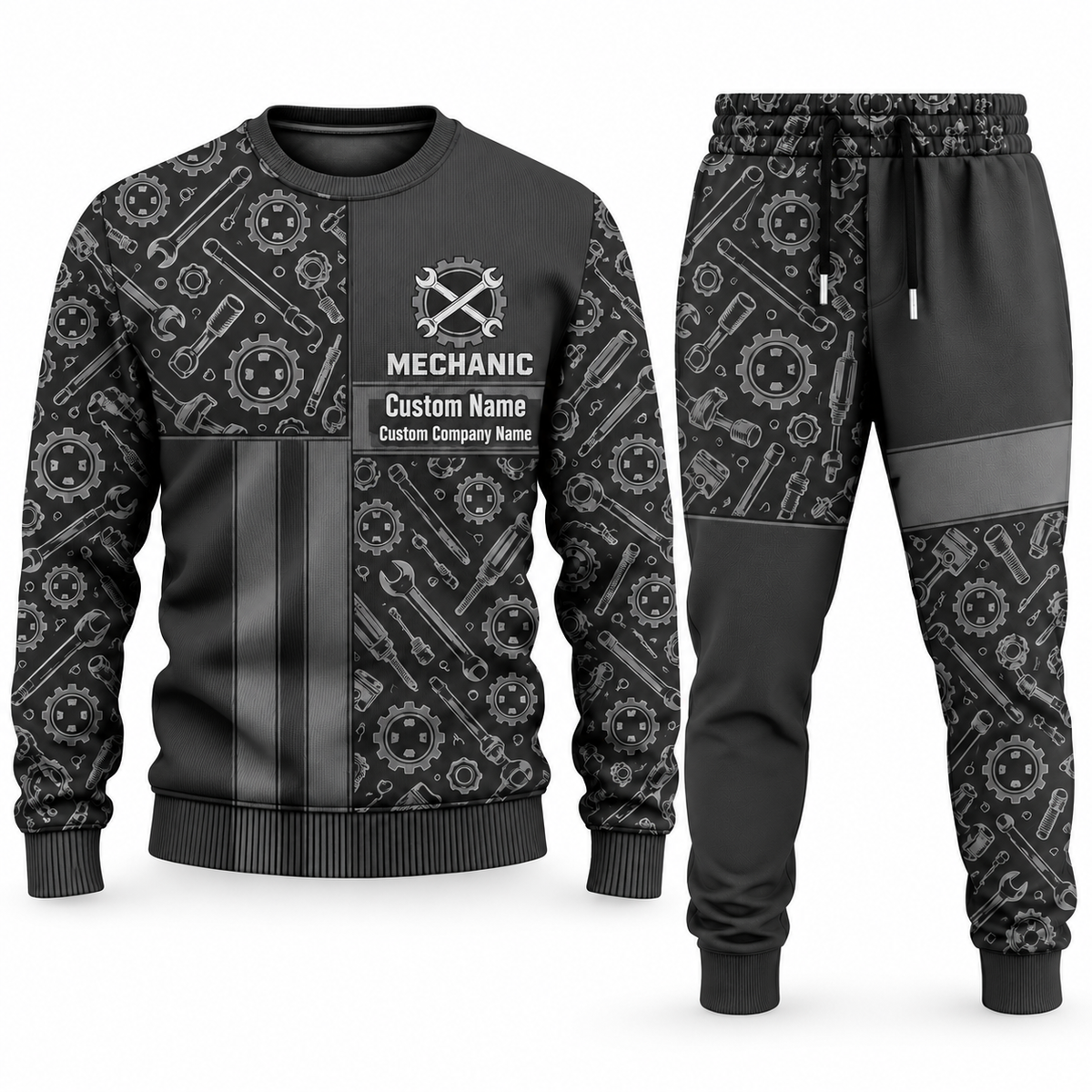 Mechanic Geometric Panel sweater and jogger combo, charcoal view with name and company artwork