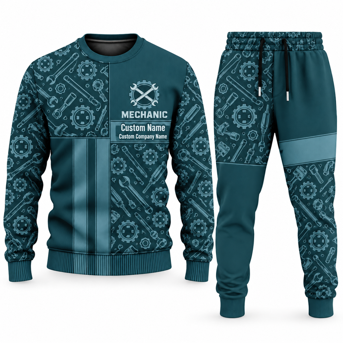 Mechanic Geometric Panel sweater and jogger combo, teal view with name and company artwork