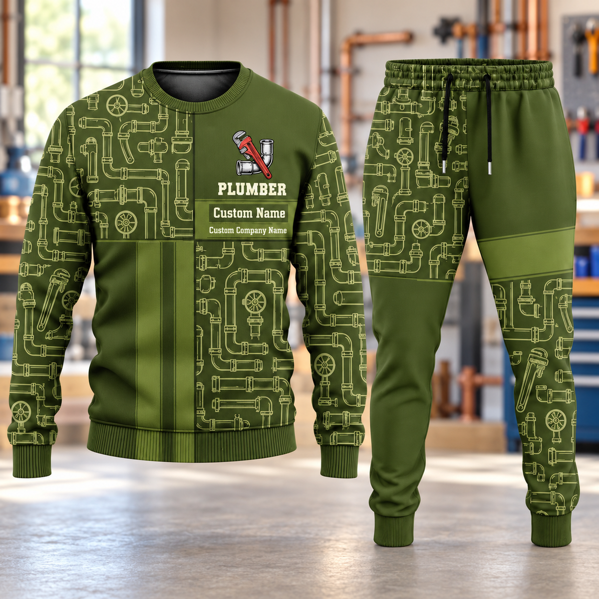 Plumber Geometric Panel sweater and jogger combo, hero view with name and company artwork