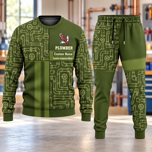 Plumber Geometric Panel sweater and jogger combo, hero view with name and company artwork