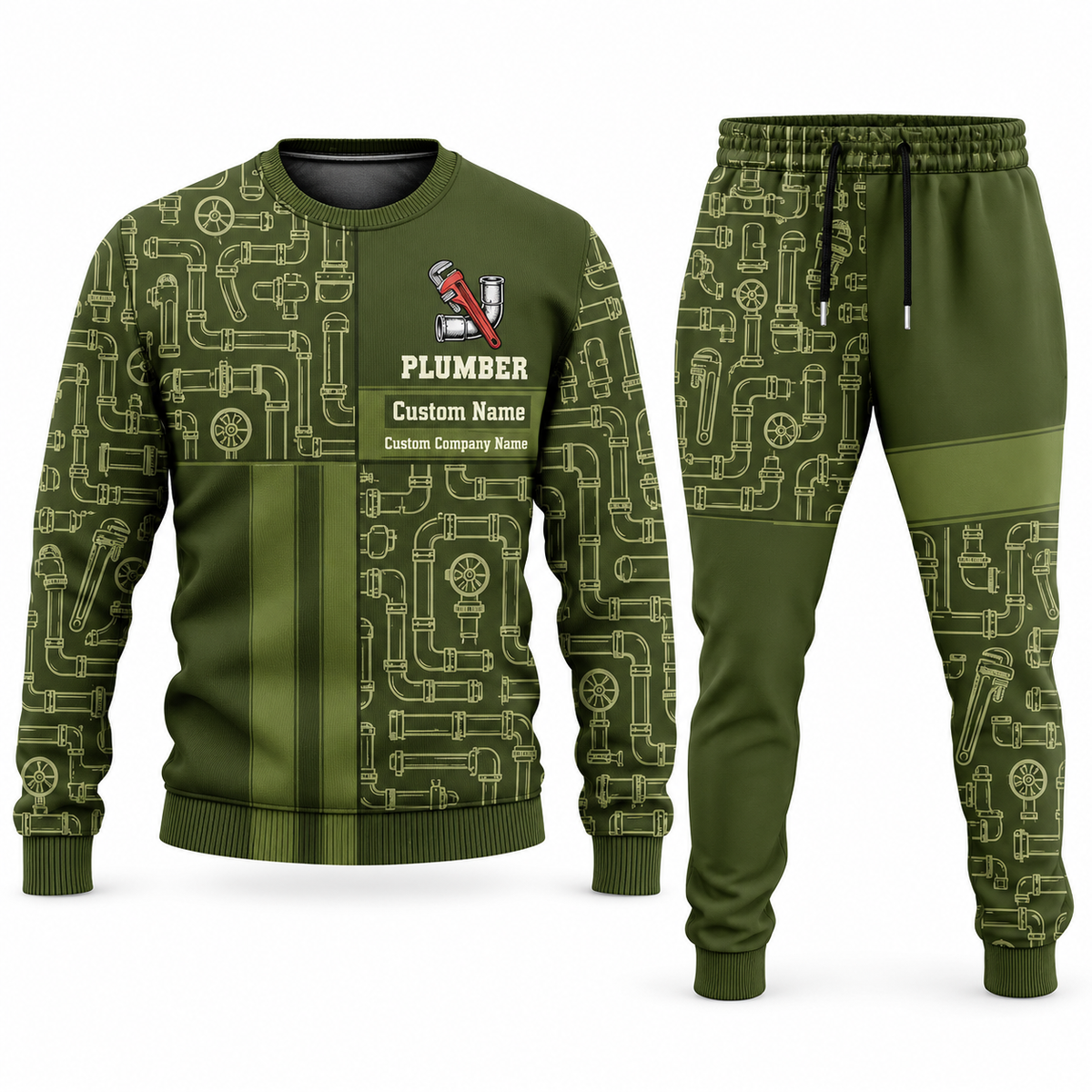 Plumber Geometric Panel sweater and jogger combo, olive view with name and company artwork