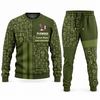 Plumber Geometric Panel sweater and jogger combo, olive view with name and company artwork