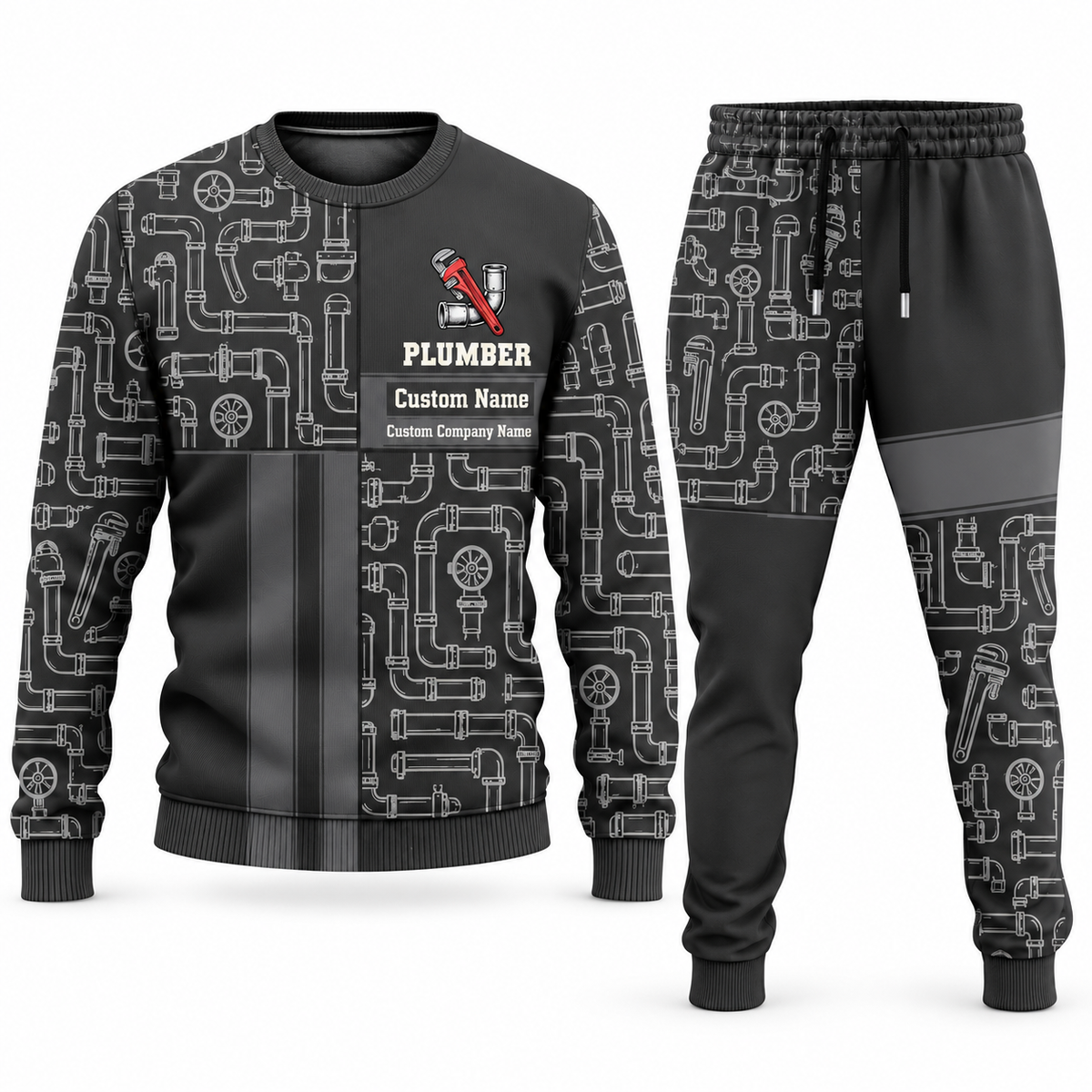 Plumber Geometric Panel sweater and jogger combo, charcoal view with name and company artwork