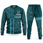 Plumber Geometric Panel sweater and jogger combo, teal view with name and company artwork