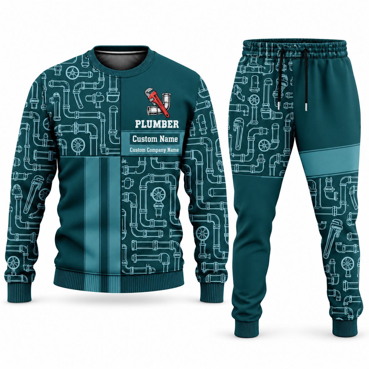 Plumber Geometric Panel sweater and jogger combo, teal view with name and company artwork