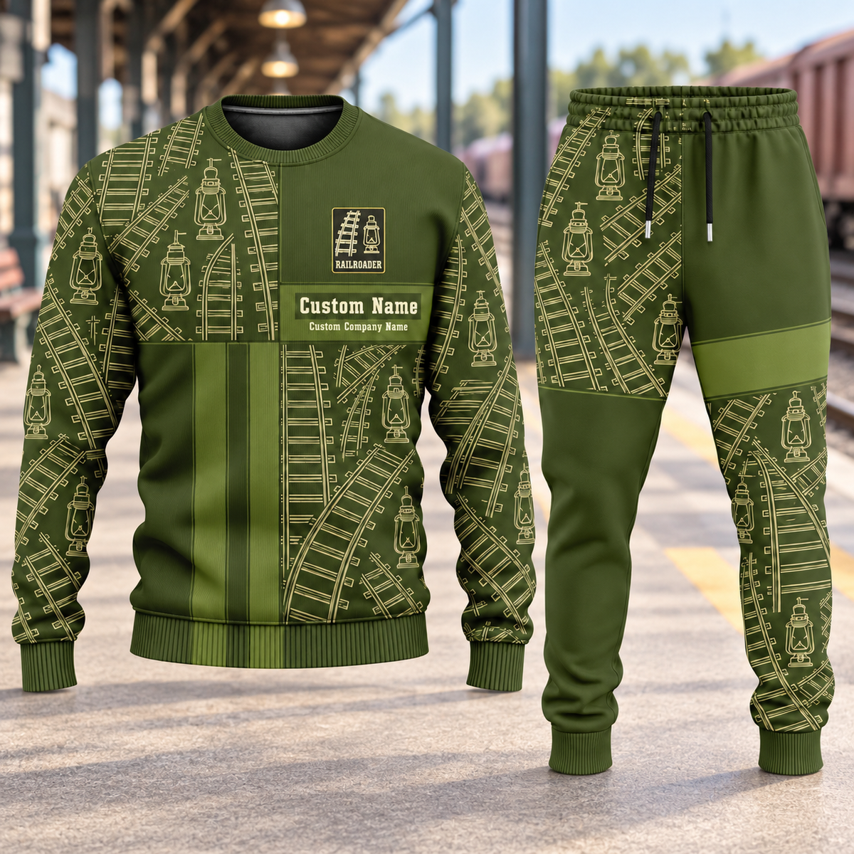 Railroader Geometric Panel sweater and jogger combo, hero view with name and company artwork