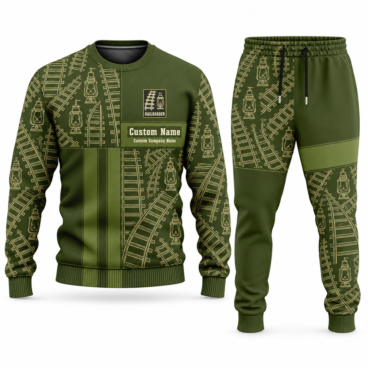 Railroader Geometric Panel sweater and jogger combo, olive view with name and company artwork