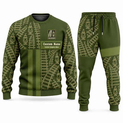 Railroader Geometric Panel sweater and jogger combo, olive view with name and company artwork