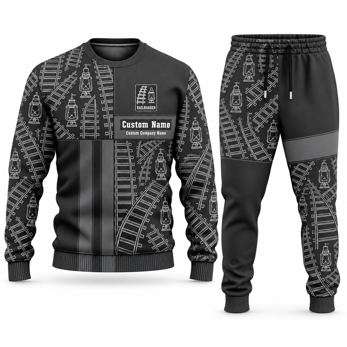Railroader Geometric Panel sweater and jogger combo, charcoal view with name and company artwork