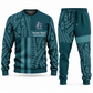 Railroader Geometric Panel sweater and jogger combo, teal view with name and company artwork