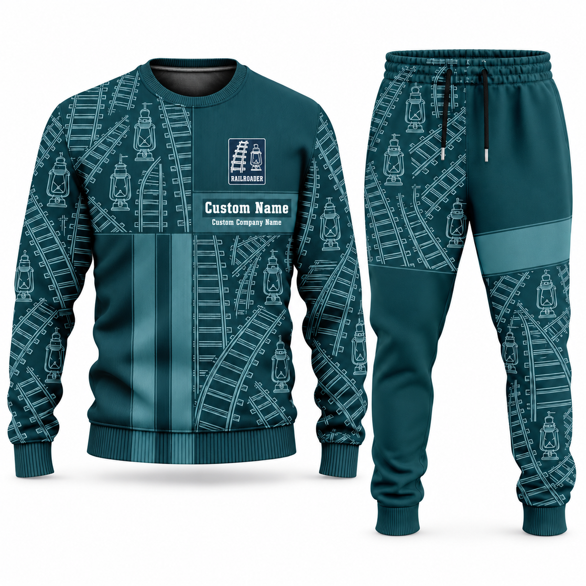 Railroader Geometric Panel sweater and jogger combo, teal view with name and company artwork
