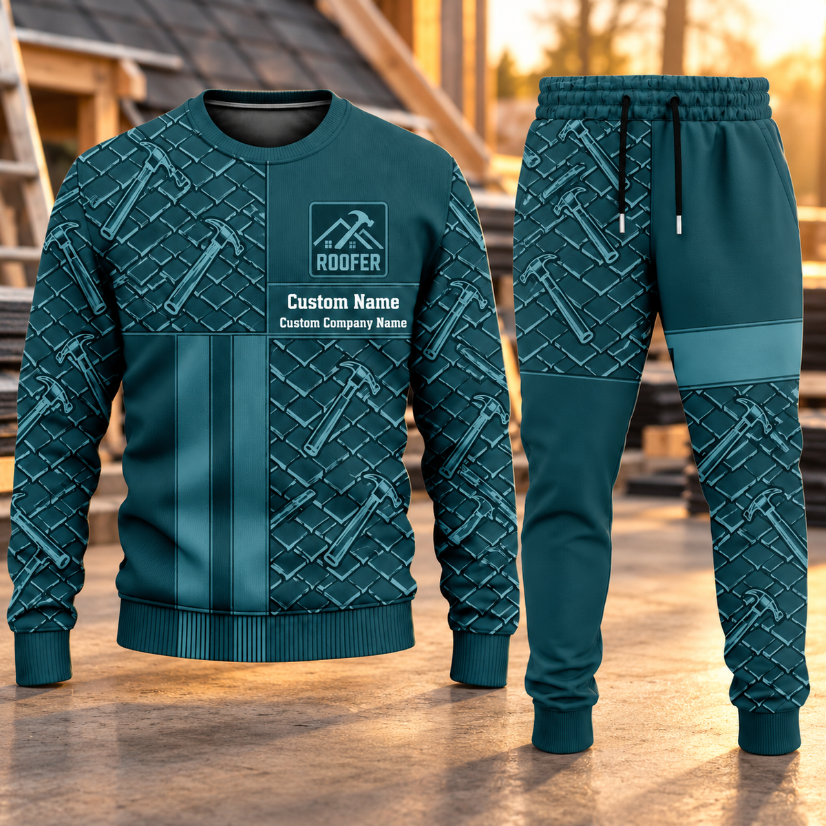Roofer Geometric Panel sweater and jogger combo, hero view with name and company artwork
