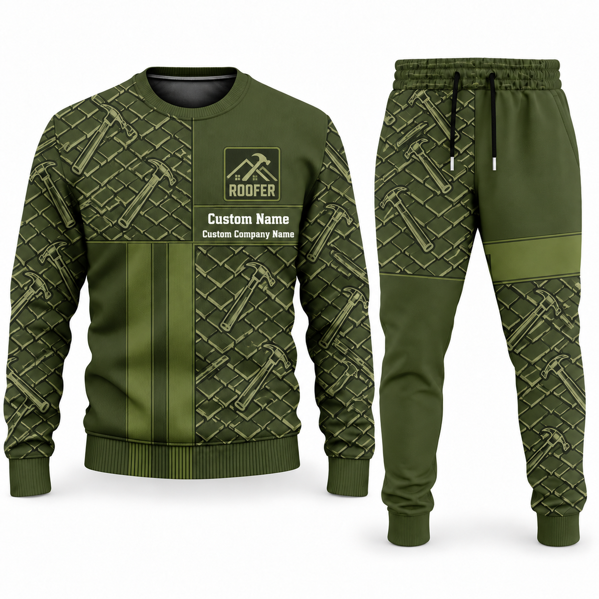 Roofer Geometric Panel sweater and jogger combo, olive view with name and company artwork