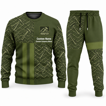 Roofer Geometric Panel sweater and jogger combo, olive view with name and company artwork