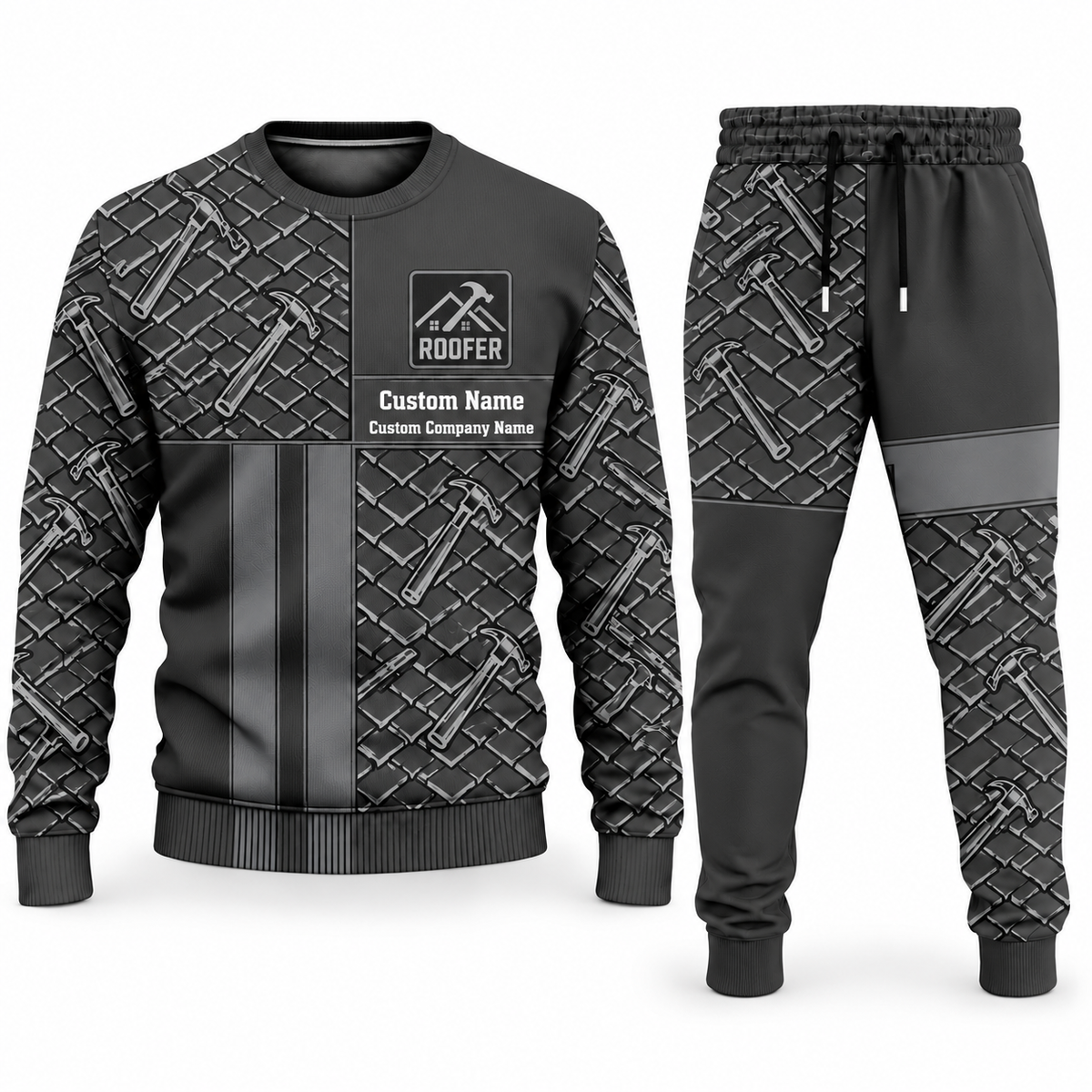 Roofer Geometric Panel sweater and jogger combo, charcoal view with name and company artwork