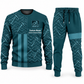 Roofer Geometric Panel sweater and jogger combo, teal view with name and company artwork