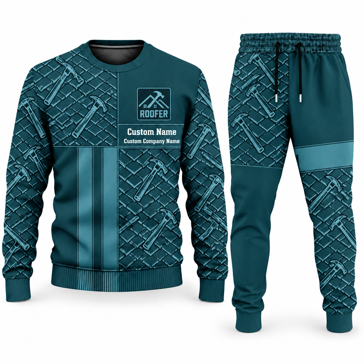 Roofer Geometric Panel sweater and jogger combo, teal view with name and company artwork