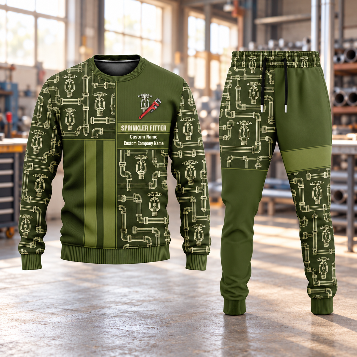 Sprinkler Fitter Geometric Panel sweater and jogger combo, hero view with name and company artwork