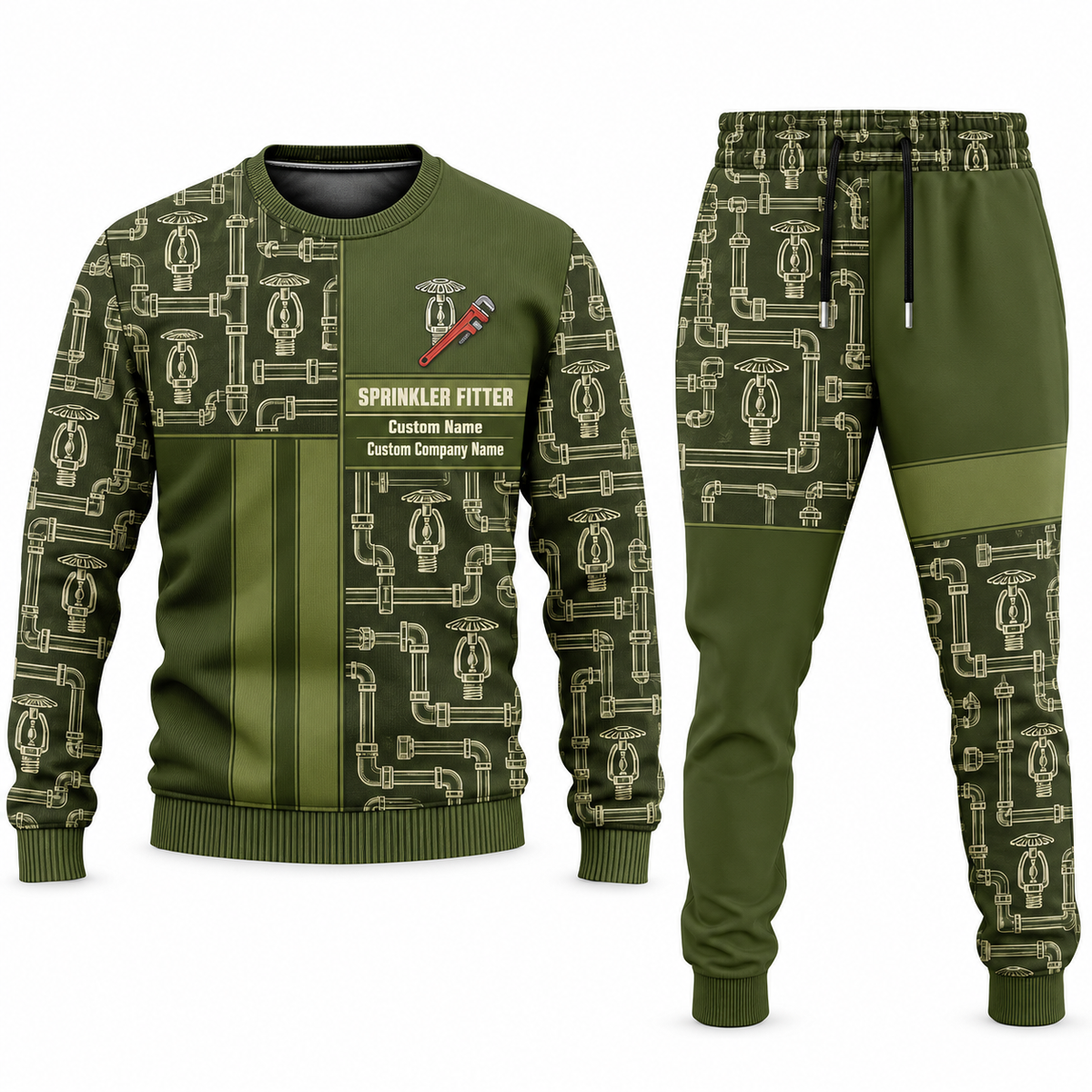 Sprinkler Fitter Geometric Panel sweater and jogger combo, olive view with name and company artwork