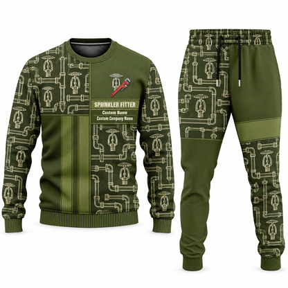 Sprinkler Fitter Geometric Panel sweater and jogger combo, olive view with name and company artwork