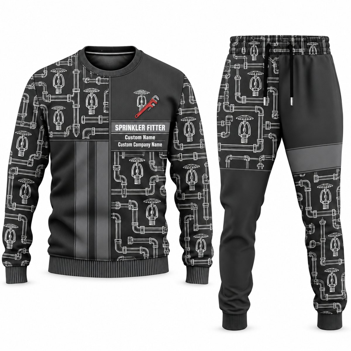 Sprinkler Fitter Geometric Panel sweater and jogger combo, charcoal view with name and company artwork