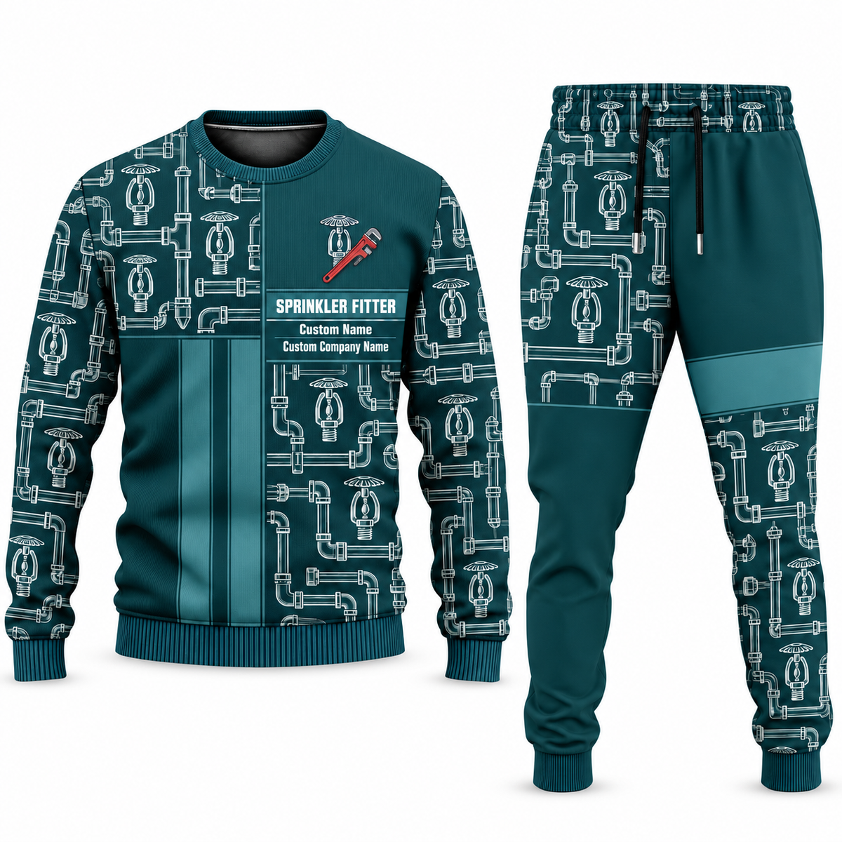 Sprinkler Fitter Geometric Panel sweater and jogger combo, teal view with name and company artwork